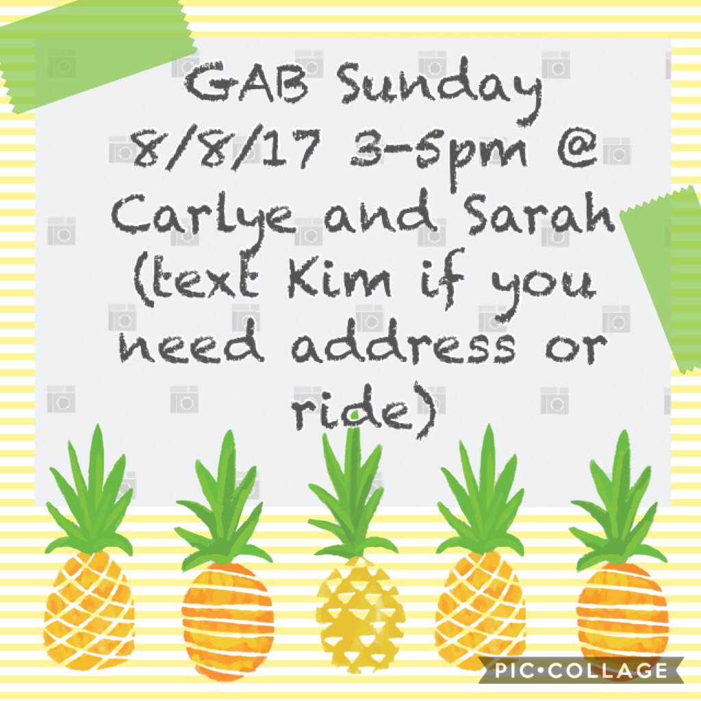 KimKmclaughlin's tweet photo. GAB Sunday 8/8/17 3-5pm @ Carlye and Sarah (text Kim if you need address or ride)   https://t.co/vs70aLjnz6 https://t.co/8BuFsyyZWD