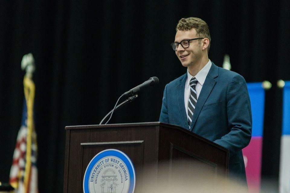 ChiPhiNational's tweet photo. Denim Grzesik, Alpha Zeta 2019, had the honor of addressing the Summer 2017 Commencement at West Georgia as SGA President #ChiPhi @chiphiaz https://t.co/eH7kAtIsDM