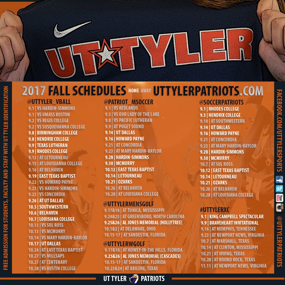 We're only one month from beginning our quests for fall championships! Go to uttylerpatriots.com for complete schedules and information.