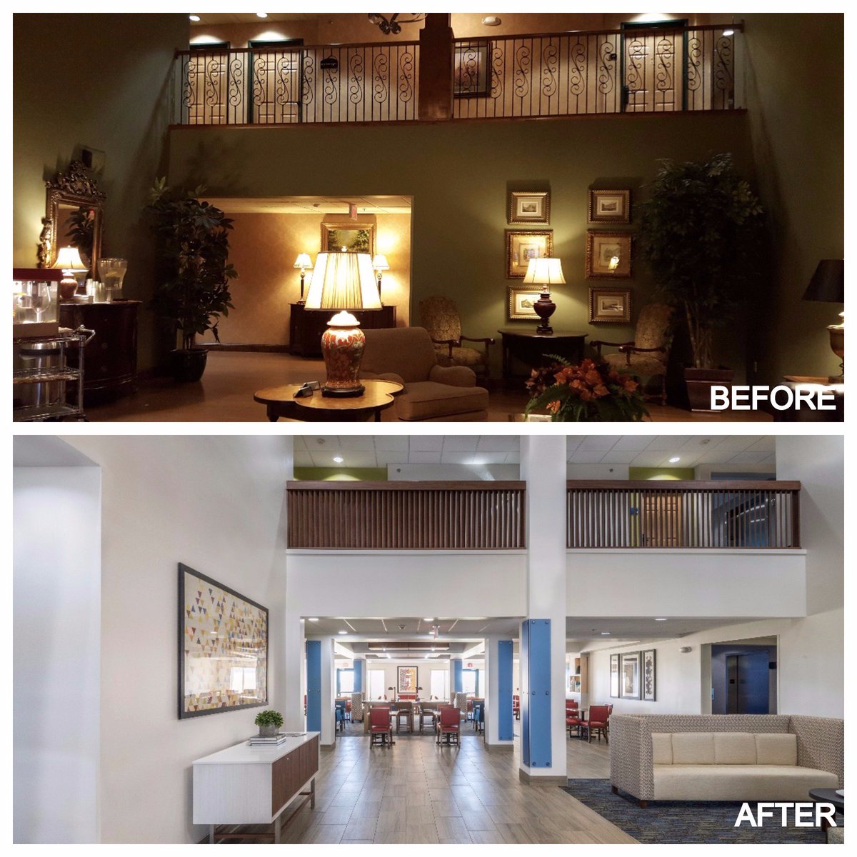 GH2Hospitality's tweet photo. For our client @sjshospitality, GH2 designed the renovation of the @HIExpress #BrokenArrow. Crazy before and afters! #TransformationTuesday https://t.co/2rkIN2Uo5h