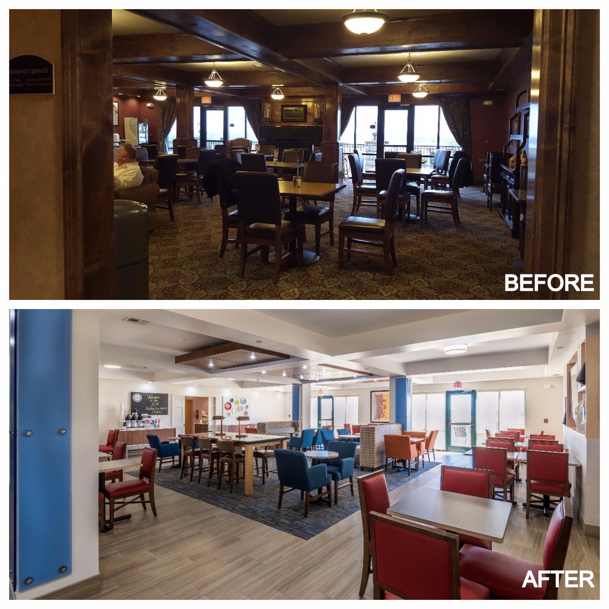 GH2Hospitality's tweet photo. For our client @sjshospitality, GH2 designed the renovation of the @HIExpress #BrokenArrow. Crazy before and afters! #TransformationTuesday https://t.co/2rkIN2Uo5h