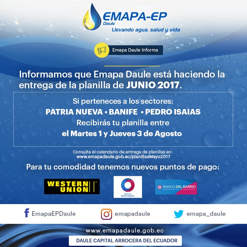 emapa_daule's tweet photo. Atención PATRIA NUEVA, BANIFE, PEDRO ISAIAS: Emapa Daule está haciendo la entrega de las planillas de Junio. #EmapaDauleInforma https://t.co/0enb99oX3y