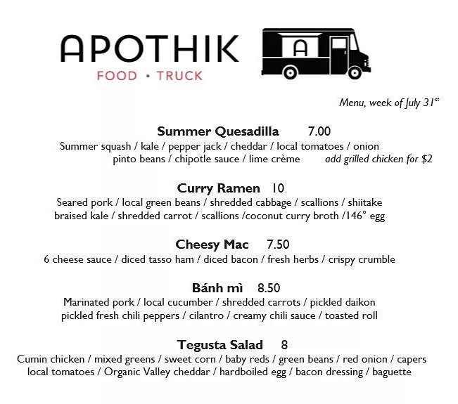 eatapothik's tweet photo. It's going to be a delicious week! 
#apothikmenu #eatapothik #foodtruck #foodtruckfood #Letsgettruckedup https://t.co/4UeoB1Ffbc