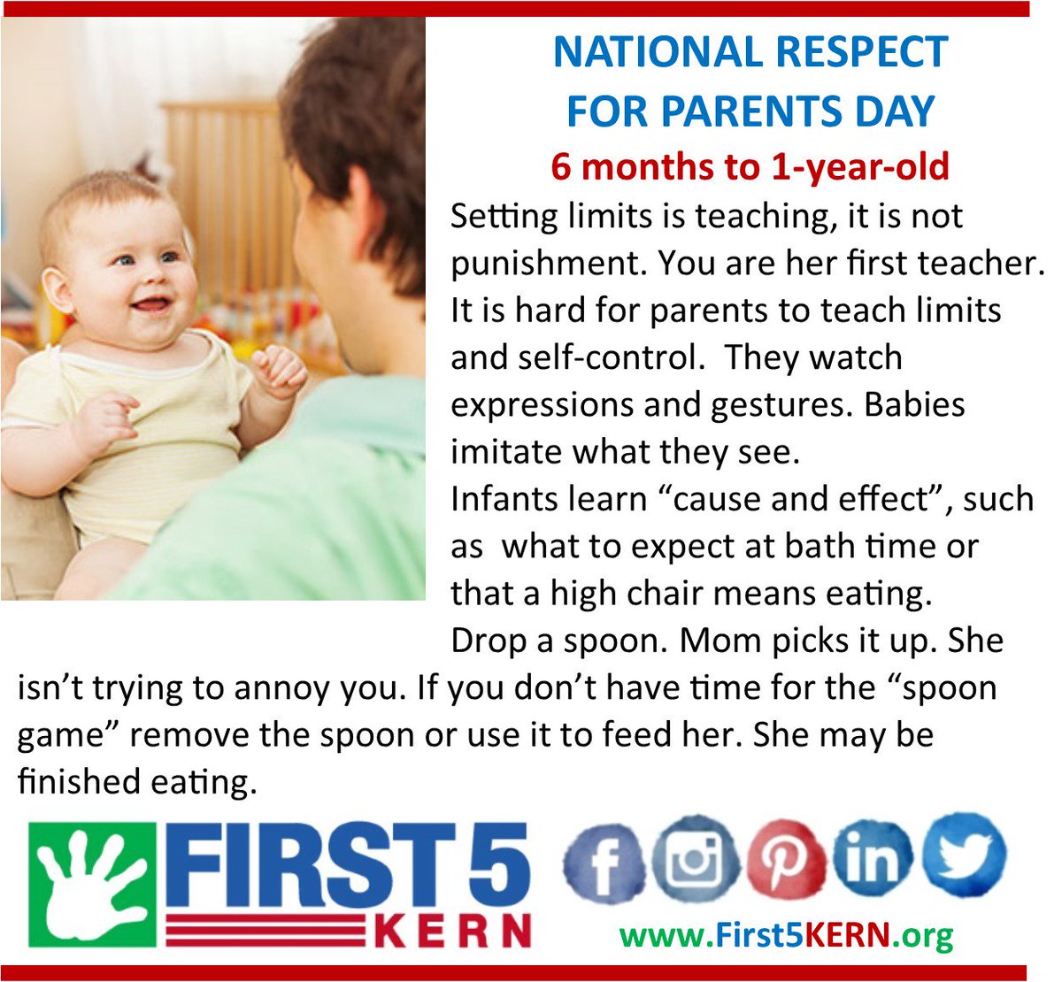 First5Kern's tweet photo. TODAY IS "NATIONAL RESPECT FOR PARENTS DAY".
Respect is treating each other with care and courtesy.
#First5Kern
#First5NewParentKit https://t.co/OQyICRcRN3
