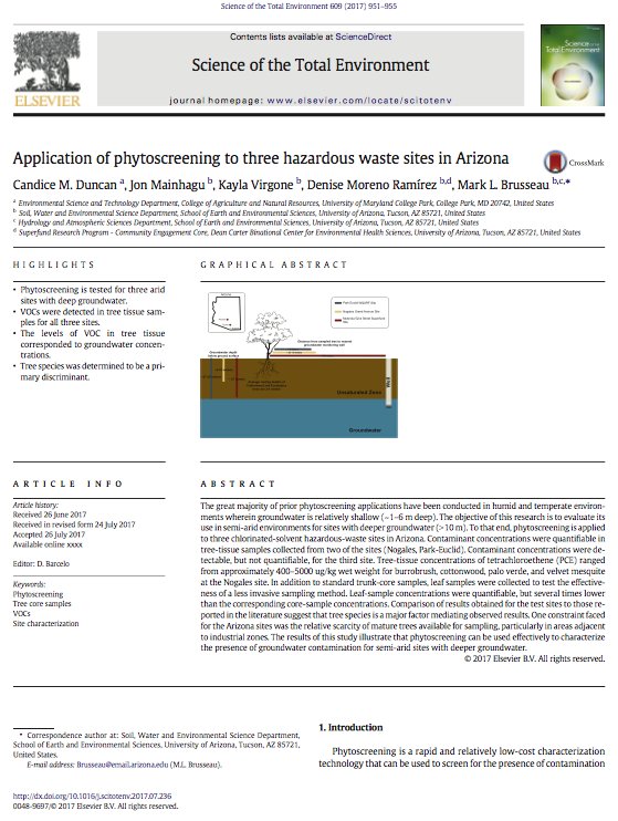 ArizonaSRP's tweet photo. Hot off the press Science of the Total Environmental publication on #phytoscreening by #Brusseau group @ArizonaSRP. #science #Superfund https://t.co/Y4RtUy95pH