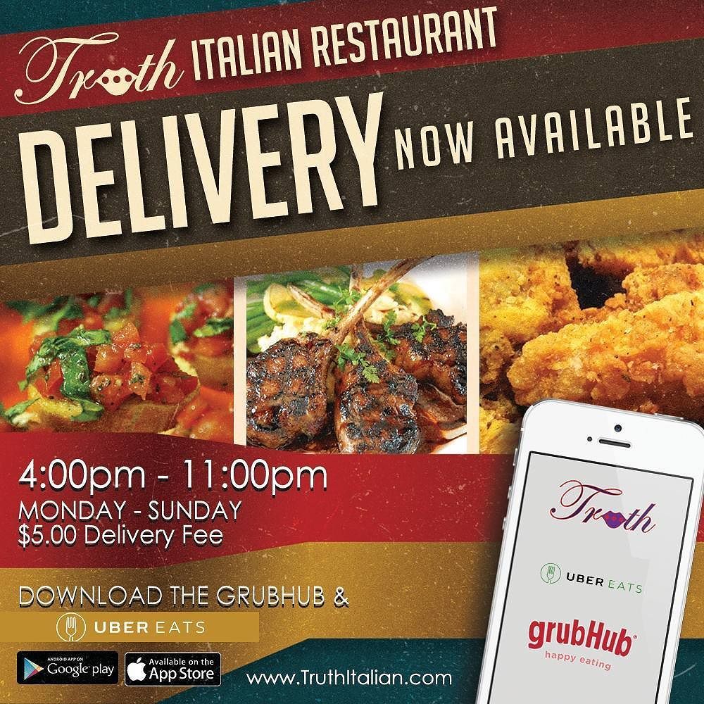 truthitalian's tweet photo. We deliver 7 days a week! Download the @Grubhub app for delivery tonight. #UberEats coming soon! #TruthItalian https://t.co/Vxew27drCc https://t.co/M28WN1aWuC