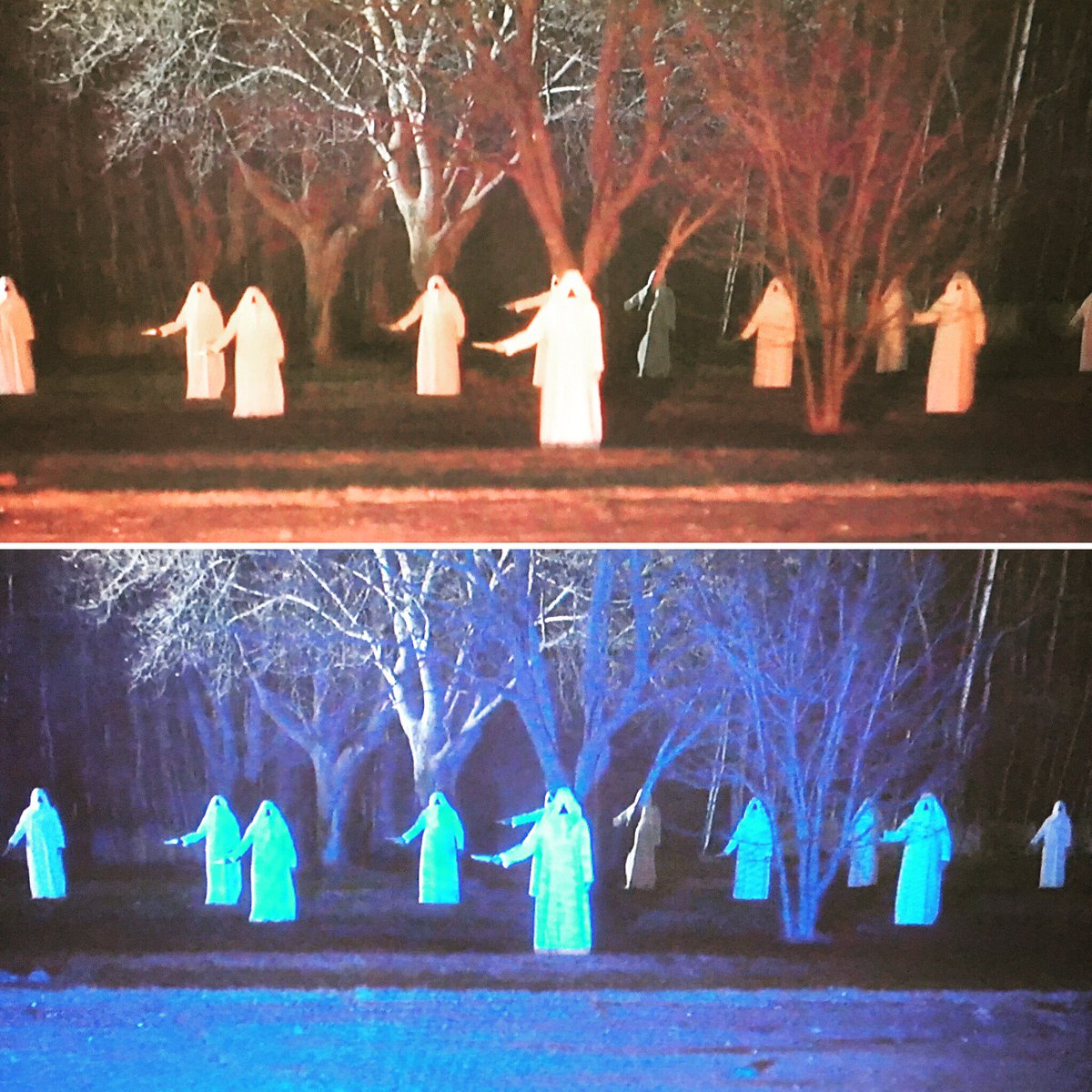 LynsyJay's tweet photo. Now watching #thevoid loving the blue &amp; red flashes from the police car onto the white robes 😍❤️💙 #horror #lighting #cinematography https://t.co/kD3G7HdjWr