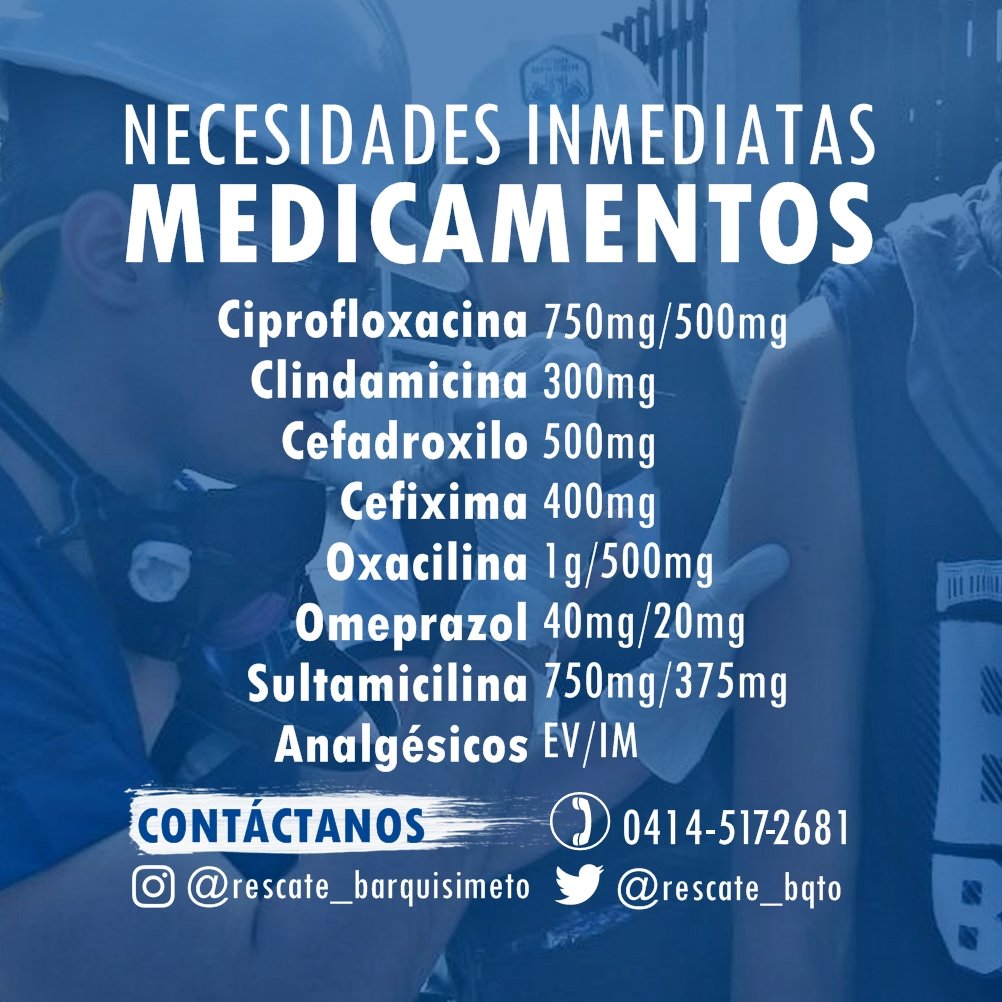 ATENCIÓN: Necesidades Inmediatas de Medicamentos. Contáctenos al 📞 0414-517-2681. Venezuela nos necesita más unidos que nunca 🇻🇪#RescateBqto