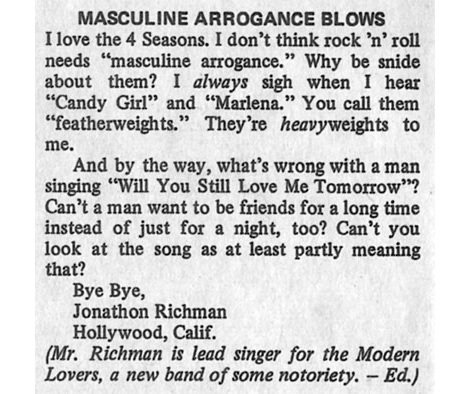 brunchproblems's tweet image. Jonathan Richman&apos;s letter to Creem magazine, published December 1973:
