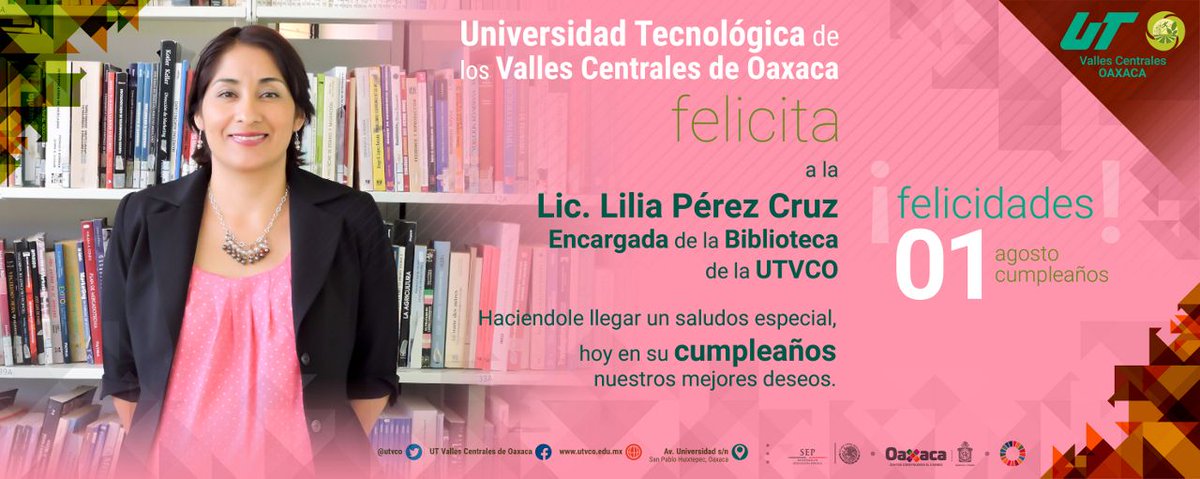 utvco's tweet photo. Felicitamos a la Lic. @LiliapcRay, Encargada de la biblioteca de la UTVCO, con motivo de su cumpleaños.
#FamiliaUTVCO
¡Felicidades! https://t.co/Vt9gVRWMsz