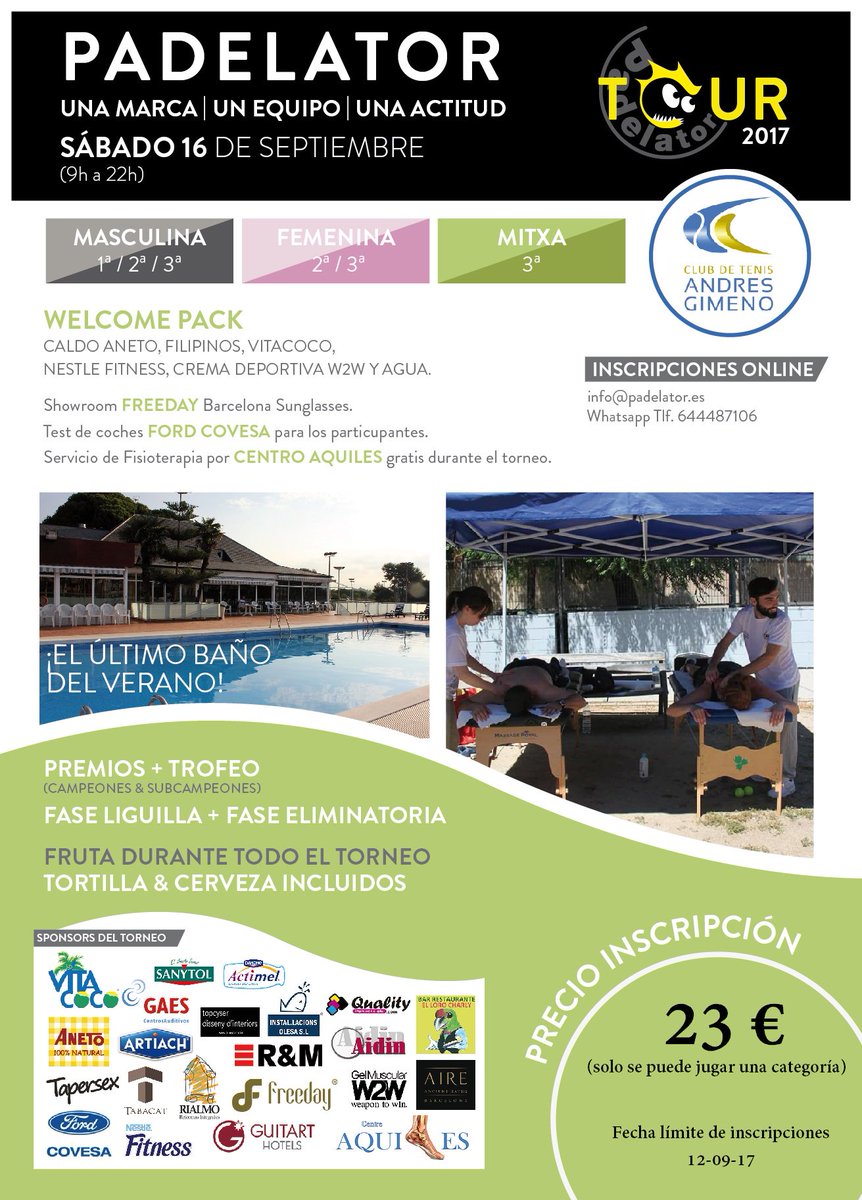 Torneo VUELTA DE VACACIONES que haremos el 16 de septiembre en Club de Tenis Andrés Gimeno: goo.gl/WY9aAv 
#padel #padelamateur