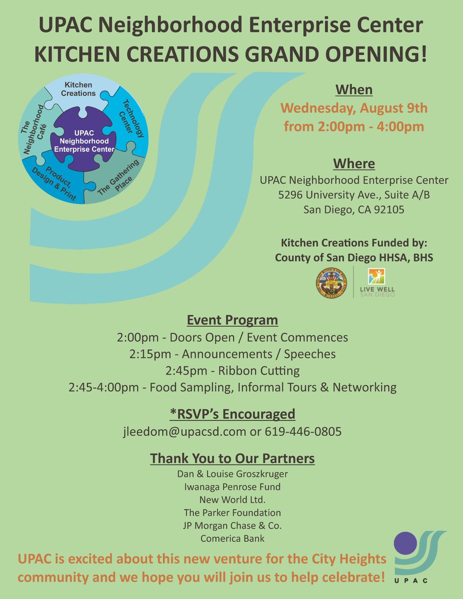 UPAC_SD's tweet photo. @UPAC_SD wants to invite you to the grand opening event of the Neighborhood Enterprise Center's-Kitchen Creations! Join us Wed,8/9! #UPACSD https://t.co/lSV4Lkjv7t