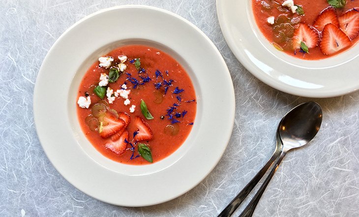 beardfoundation's tweet photo. Salute summer with this rosy-hued strawberry gazpacho with cucumbers, roasted red peppers, and tomatoes https://t.co/2EzRny4uOs https://t.co/ucvXPcZTxL