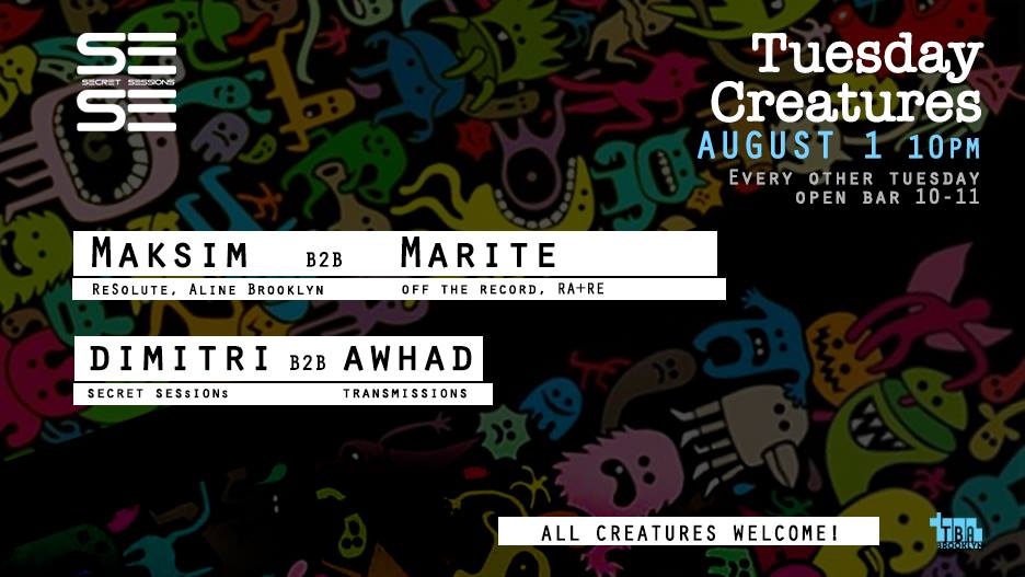 TBABrooklyn's tweet photo. #TuesdayCreatures Tonight! (open bar 10 - 11)
@MaksimResolute b2b @Marite_Otero (#OfftheRecordNY) + #Dimitri (#SecretSessions) b2b #Awhad https://t.co/7E3b5MOLSB