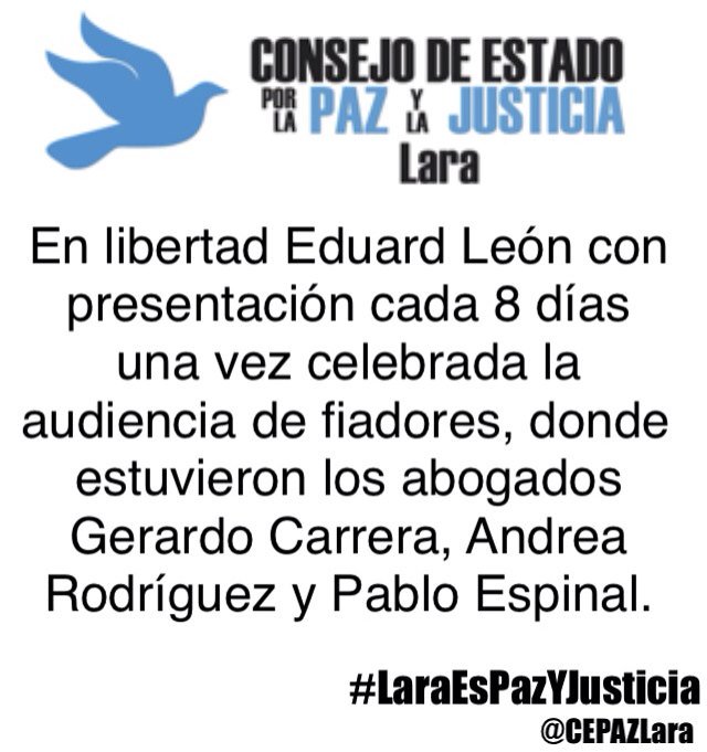 En libertad bajo presentación Eduard León, gracias a nuestros abogados.
