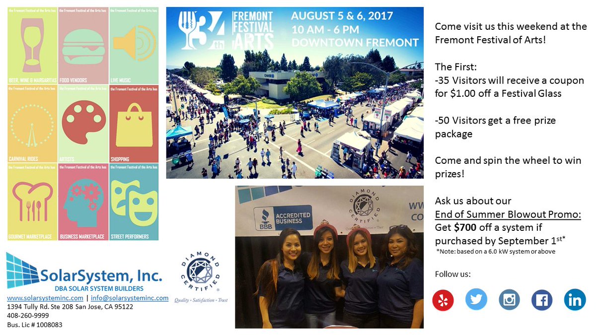 SolarSystemINC's tweet image. Catch us at the @FremontFestival of Arts this weekend. It's an event you don't want to miss!