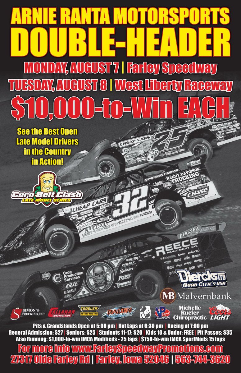 Please note revised times, hot laps at 6:30 and racing at 7...