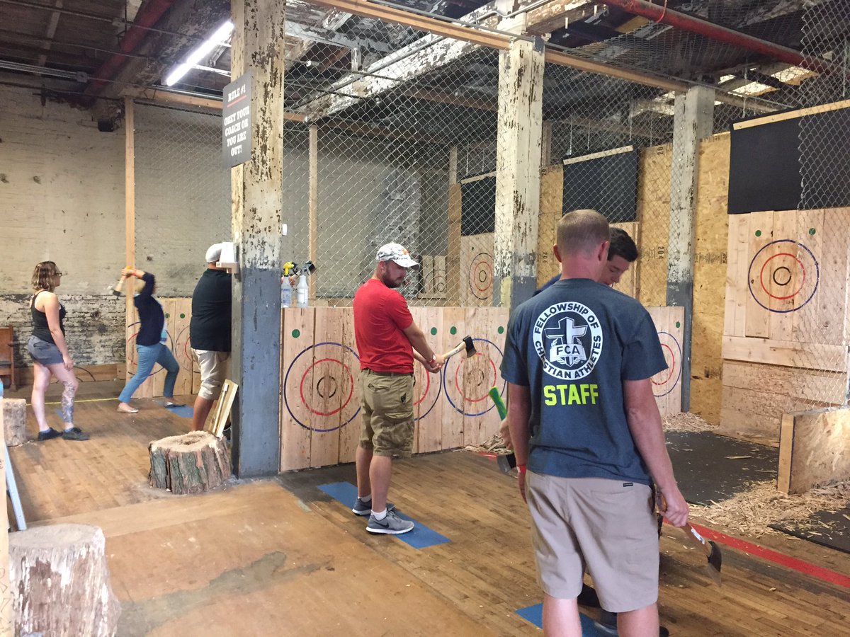 hklageman's tweet photo. 🦀Maryland CS educators are on target 🎯 the axe throwing has begun! #TeacherCon #MDforCS @TeachCode https://t.co/KM4ElYqUYO