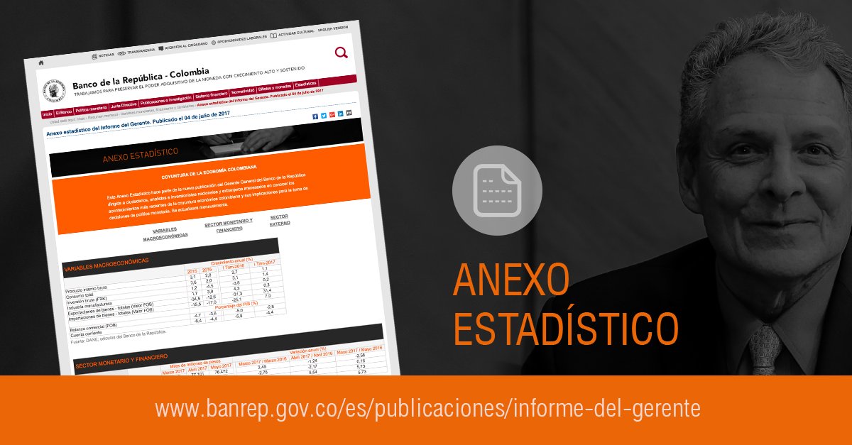 BancoRepublica's tweet photo. [PUBLICACIONES] Consulte actualización de Anexo Estadístico del #InformeDelGerente, correspondiente a junio/17 https://t.co/IpRwrKG4gG https://t.co/eQOalpqWPP