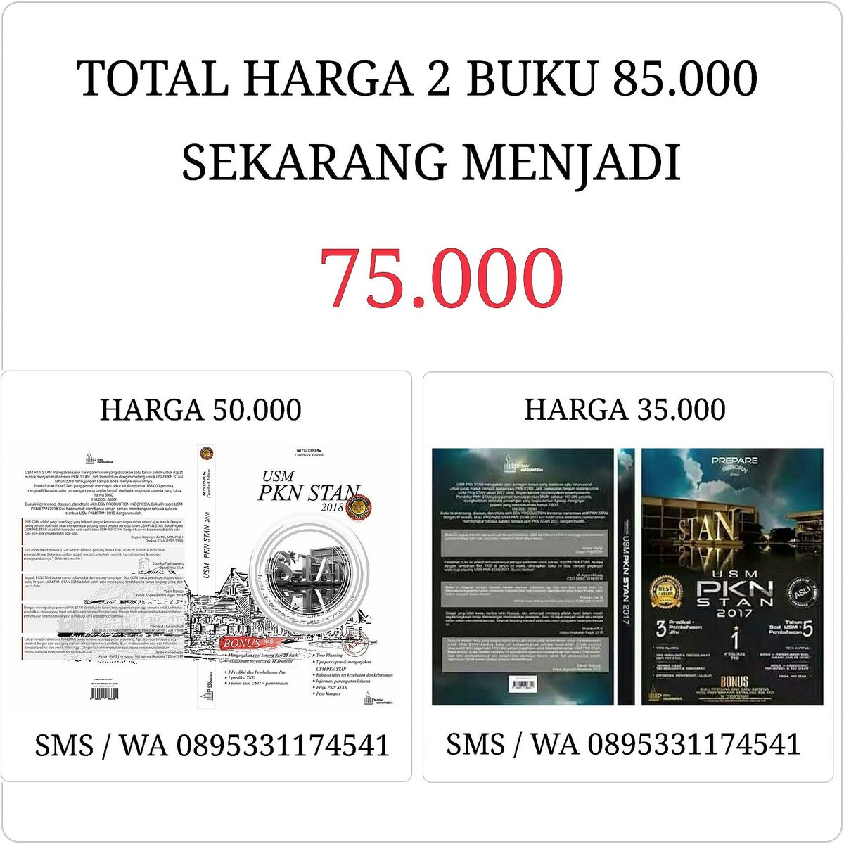 PAKET A

PROMO 2 BUKU 75.000

isi : buku pkn stan 2017 + buku usm pkn 2018

Format pemesanan 
Nama:
Alamat lengkap :
Jumlah buku :