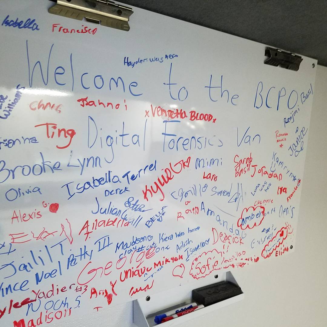 BCPONJ's tweet photo. A #BCPO #responsevehicle in #Teaneck, #kids who dropped by signed the board inside. #firstresponders vehicles on display #NationalNightOut. https://t.co/D8UvhT8Yov