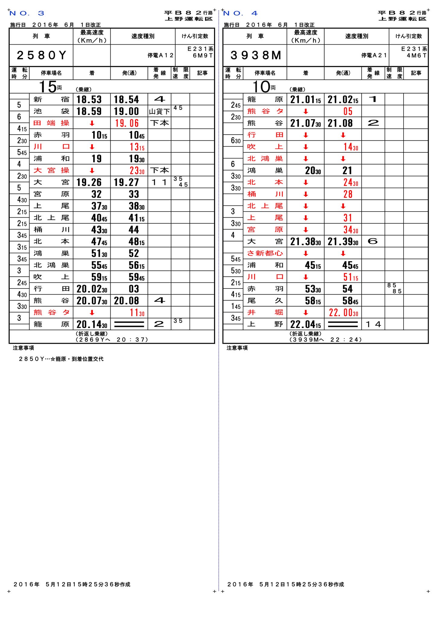 高崎電車区 運転士行路表