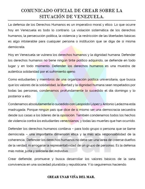 Crear_unab's tweet photo. Hoy entregamos apoyo al pueblo venezolano, que sufre de la violación de los DDHH, así como de las libertades básicas. https://t.co/8N3gdgfgBn