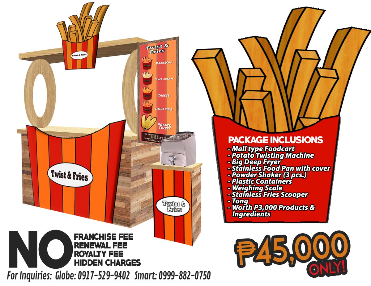 THAN_Kailabags's tweet photo. The All New #TwistandFries Food Cart Franchising Package!
#NOFranchiseFee
#NORoyaltyFee
#NORenewalFee
#AffordableFranchise
#MyPuhunan
#KSS https://t.co/7PsBmkM20B