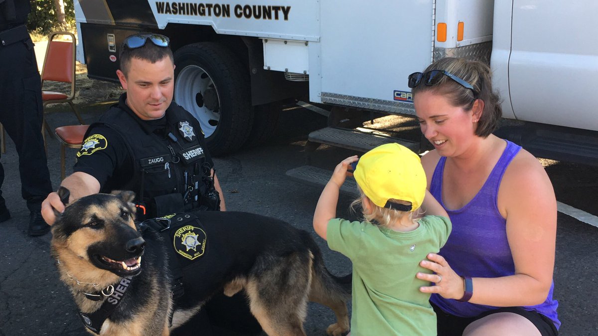 WCSOOregon's tweet photo. K-9 Chase making friends out in North Plains (as if that's hard for him)! #WCNightOut https://t.co/3t3Rnb9BB5