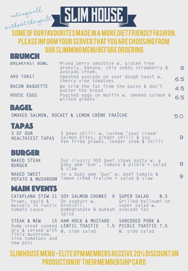 20% off the new "Slim House" menu at <a href="/HawkesHouse/">Hawkes House</a> for all <a href="/EliteThornbury/">Elite Fitness</a> members 🎉🎉