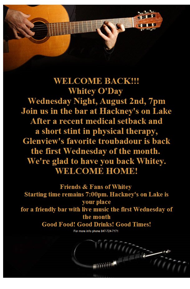 Whitey O'Day singer of this and that, at Hackney's on Lake TONIGHT Wednesday, August 2nd. bit.ly/2w4sFJC