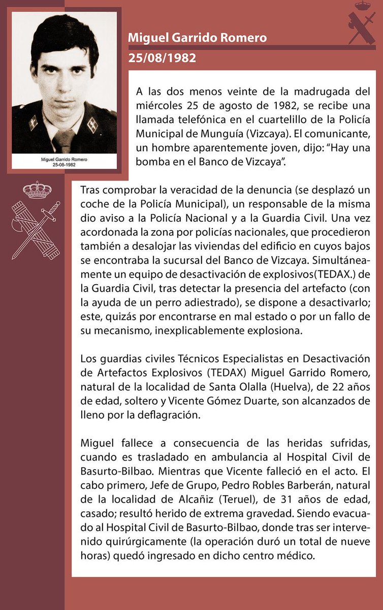 guardiacivil's tweet image. #TerrorismoGC En memoria del GC Miguel Garrido Romero, asesinado por #ETA en Munguía (Vizcaya), 25/08/1982