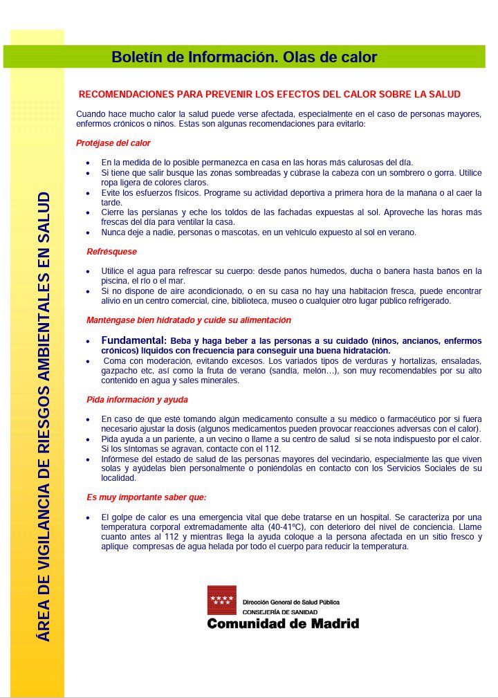 Boletín informativo #OlaCalor
Nivel 2 ALTO RIESGO por temp. máx. 38'5 °C el viernes.
Hoy temp. máx. 35'1 °C.
+INFO: madrid.org/calorysalud