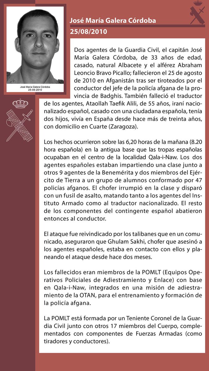 guardiacivil's tweet image. #TerrorismoGC En memoria del GC José Mª Galera Córdoba, asesinado por #talibanes, Quala i Naw (Afganistán), 25/8/10