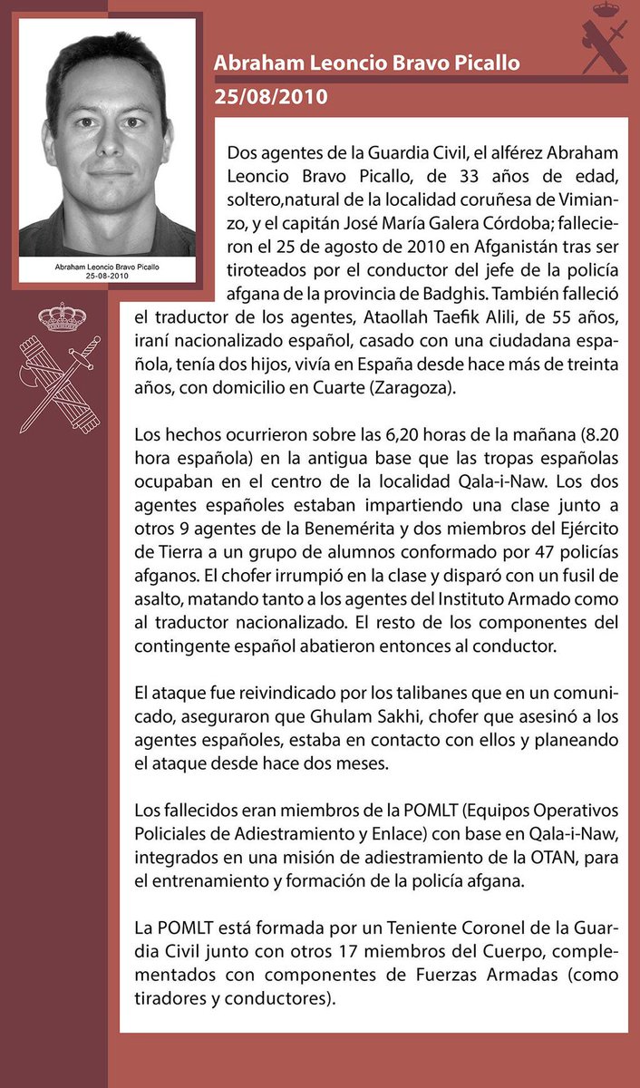 guardiacivil's tweet image. #TerrorismoGC En memoria GC Abraham Leoncio Bravo Picallo, asesinado por #talibanes, Quala iNaw (Afganistán) 25/8/10