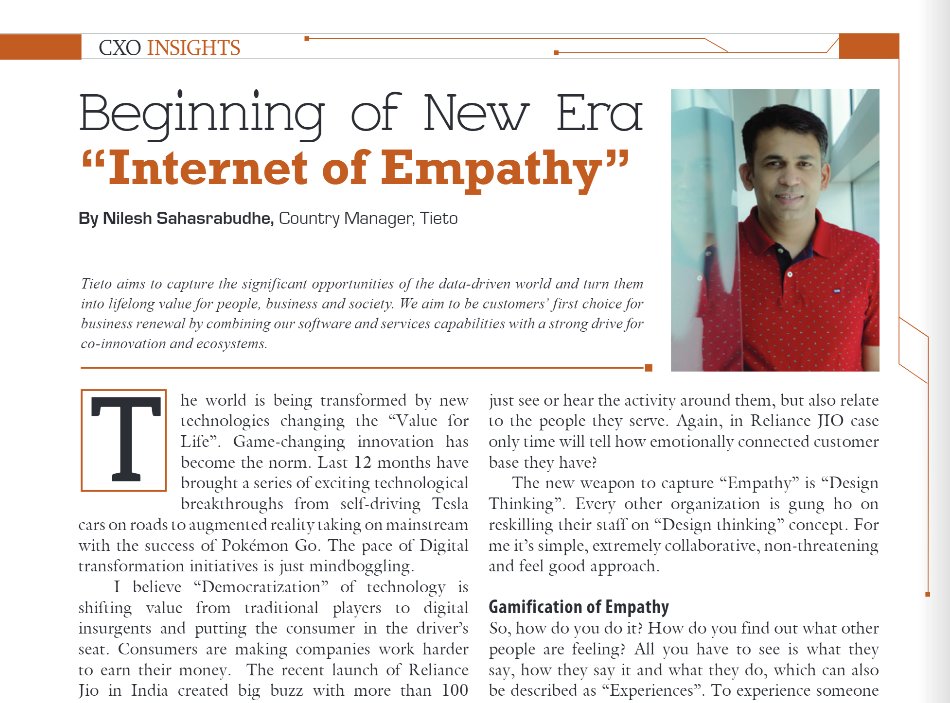 Tietoevry's tweet photo. Nilesh Sahasrabudhe shares his views about 'Internet of Empathy' in the latest edition of CIO Review. 
https://t.co/Aba8oIcpQ8 (Page # 32) https://t.co/5w4Y24f5CQ