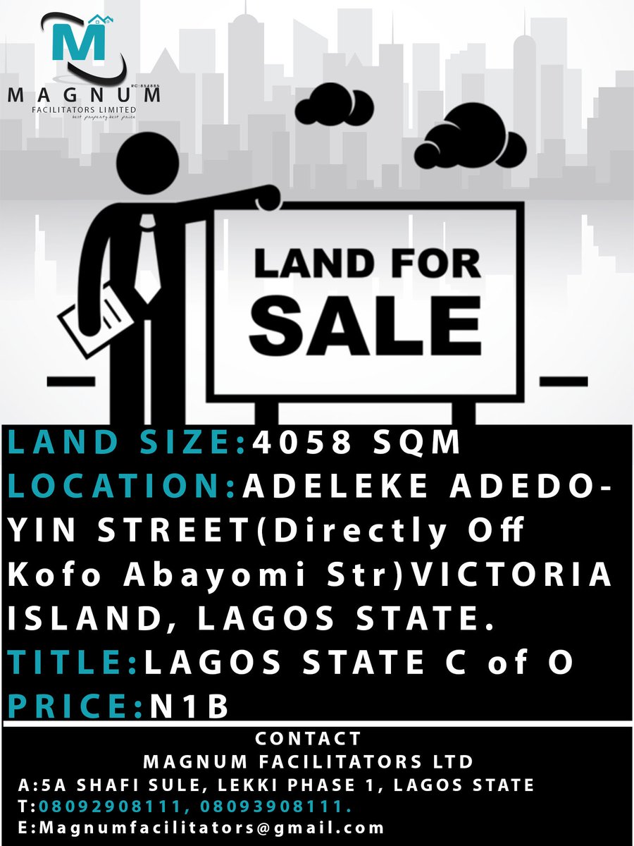 Magnumfa's tweet image. Land For Sale 
Land Size: 4058
Location: adeleke adedoyin street, Victoria Island, Lagos state. 
Title:Lagos state C of O
Price: N1B