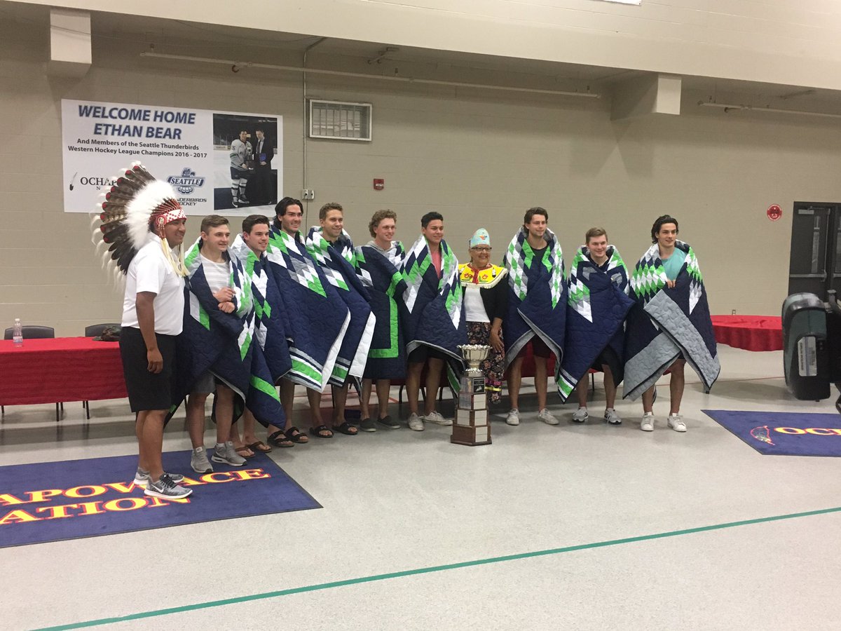 Great celebration at Ochap for @Bear25E and his <a href="/SeattleTbirds/">Seattle Thunderbirds</a> WHL Championship team mates working the hockey camp #blanketceremony #honour