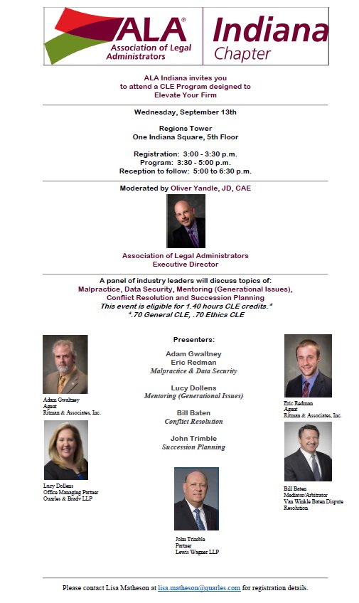 IndianaALA's tweet photo. Upcoming ALA Indiana CLE event! Please contact Lisa Matheson at lisa.matheson@quarles.com for registration details! https://t.co/eShr0VbAJP