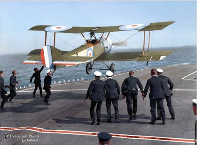 ron_eisele's tweet photo. Colourised photo shows Sqn. Cdr. Dunning attempting to land his Sopwith Pup on the flying deck of HMS Furious, Scapa Flow, 2nd August 1917. https://t.co/CnVZ8zEFsb