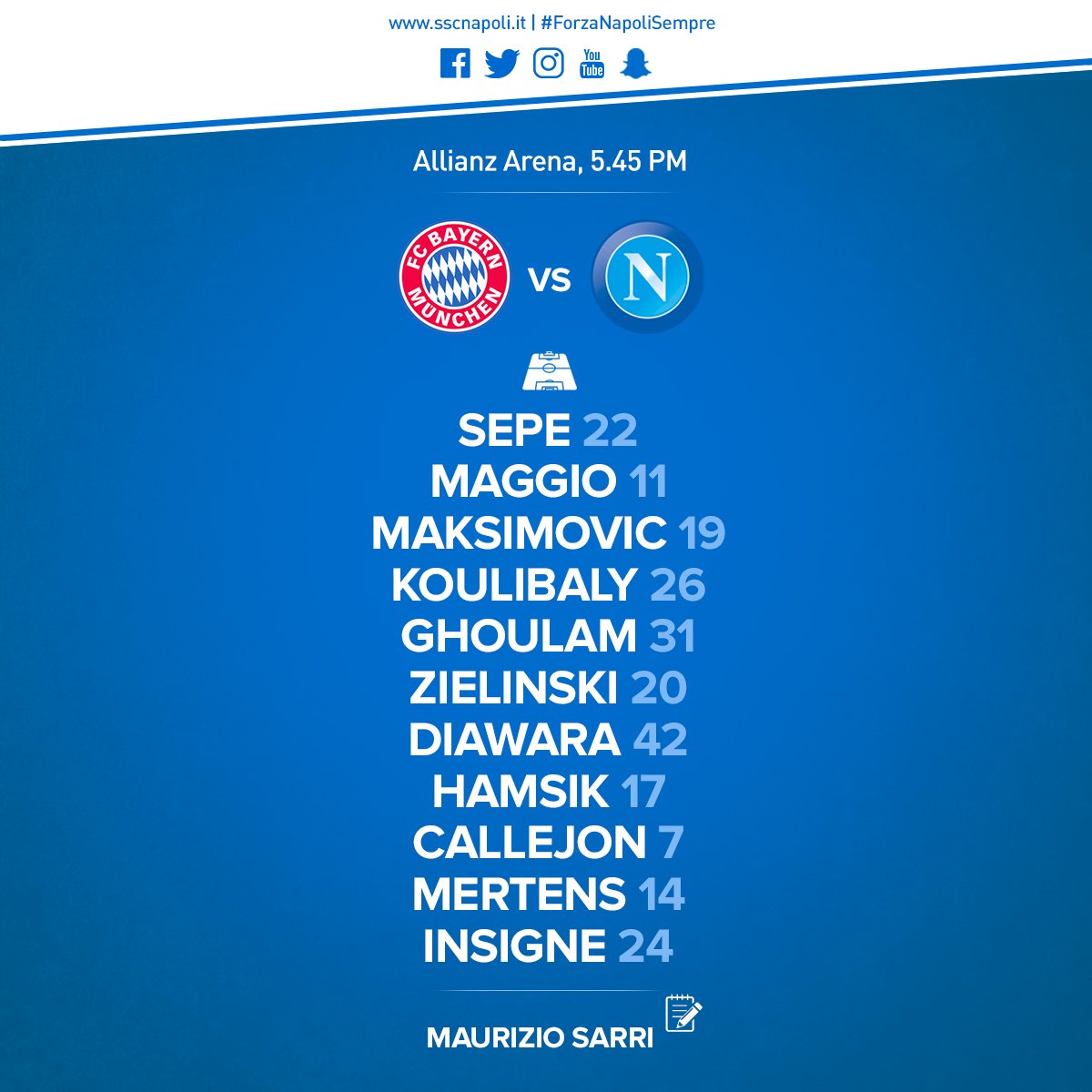 sscnapoli's tweet photo. #BayernNapoli: la nostra formazione ufficiale 💪 #AudiCup 🇮🇹🇩🇪 #ForzaNapoliSempre https://t.co/V15kqeerZq