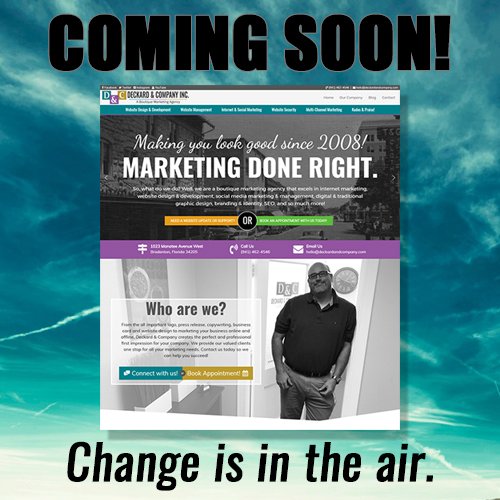DeckardCompany's tweet image. Change is a coming! Stay tuned! 
#SarasotaWebDesign #BradentonDigitalMarketing #InternetMarketing #SEO #WebsiteDesign #BoutiqueMarketing