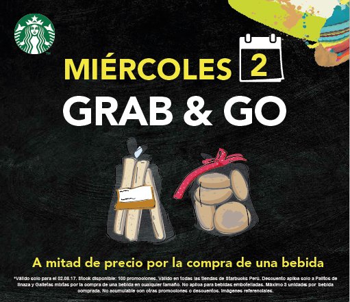 starbucksperu's tweet photo. ¡Disfruta de tu café favorito junto a nuestros snacks del Grab &amp; Go a mitad de precio! #Starbucks14añosjuntos #Sorpresadeldía https://t.co/yQtFk9SHVz