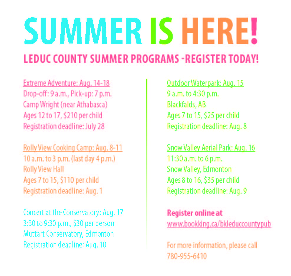 LeducCounty's tweet image. Register today for amazing summer programs with Leduc County Parks and Recreation! Register online here: ow.ly/Kabh30dNbMg