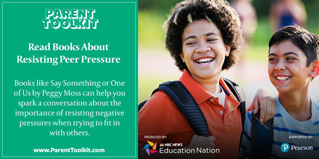 NBCUAcademy's tweet photo. Peer pressure is real and unfortunately it isn’t going anywhere. Tips to talk with your kid about it: https://t.co/D9Ktd7WS4r #ParentToolkit https://t.co/wT9KINuV62