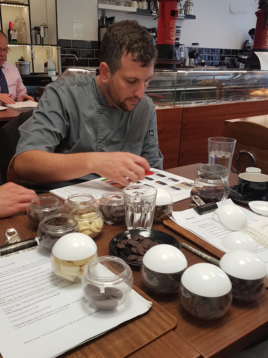 JakeHobbs19's tweet photo. Valrhona chocolate tasting at Cocorico Patisserie with Laurian, Pierre-Luc and Sam. @valrhonauk @OlivierBATEL @ClassicFineFood @samsmallman https://t.co/EQYUg5Ed0h