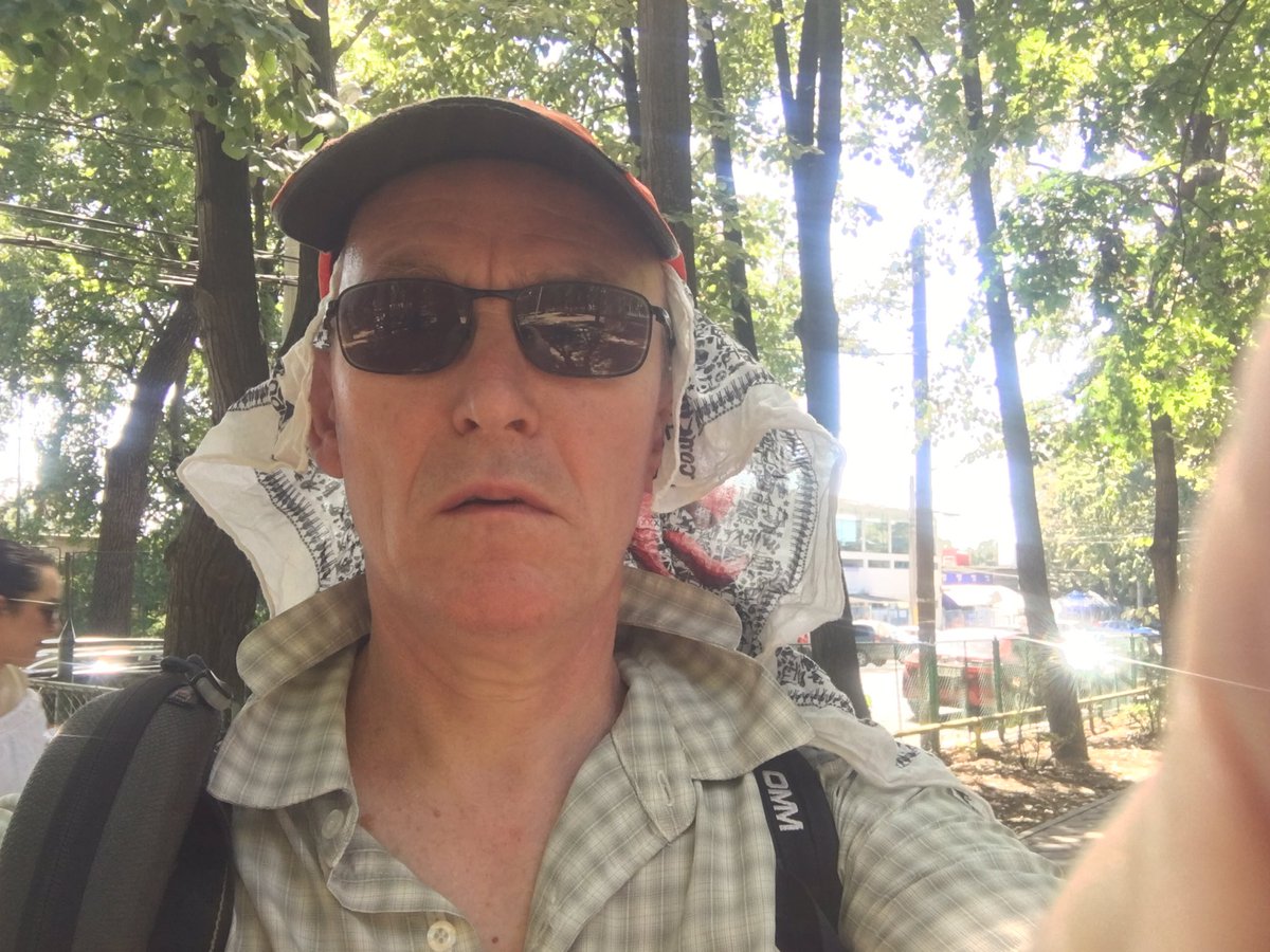 fatgazbo's tweet photo. Sun calls for hat improvisation! #BaconsOnTour #LookingSerious https://t.co/95cyvBUQL8