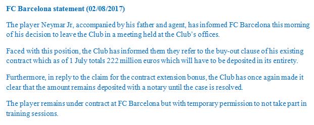 dw_sports's tweet photo. Official statement from @FCBarcelona regarding #Neymar: https://t.co/14WNPmMV0x