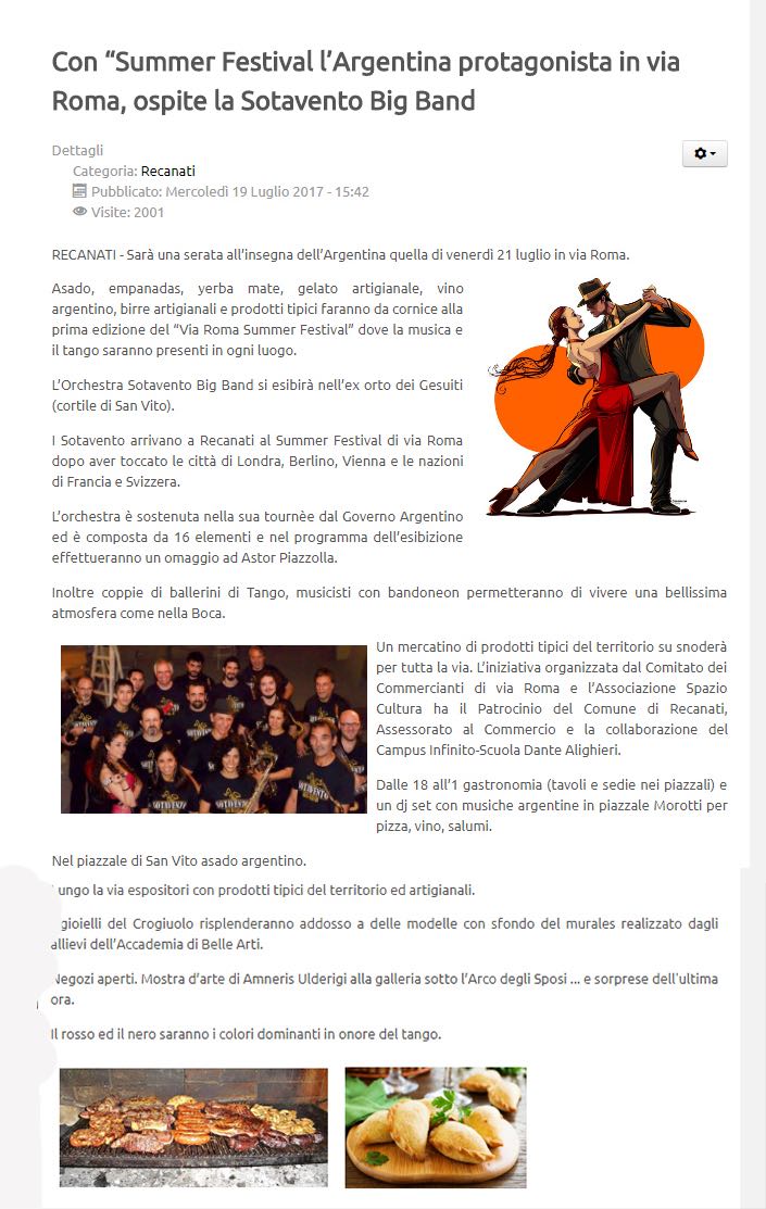 Nota sobre nuestra participacion en el Summer Festival dedicado a la Argentina en Italia