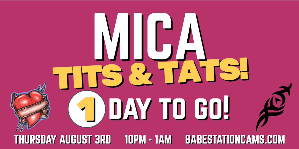 1⃣ Day to go!

...for the Tits &amp; Tats Special Cam Show!

Thursday at 10PM

@Mica_Martinez01 

On https://t.co/QL3uLDpJ7A 

🔞🔞🔞 https://t.co/NvEG0Wqtlg